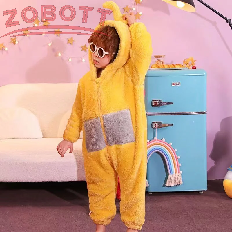 بيجامة قطيفة من قطعة واحدة من كارتون تليتبيز للأولاد والبنات والبالغين والآباء ملابس منزلية سميكة ودافئة