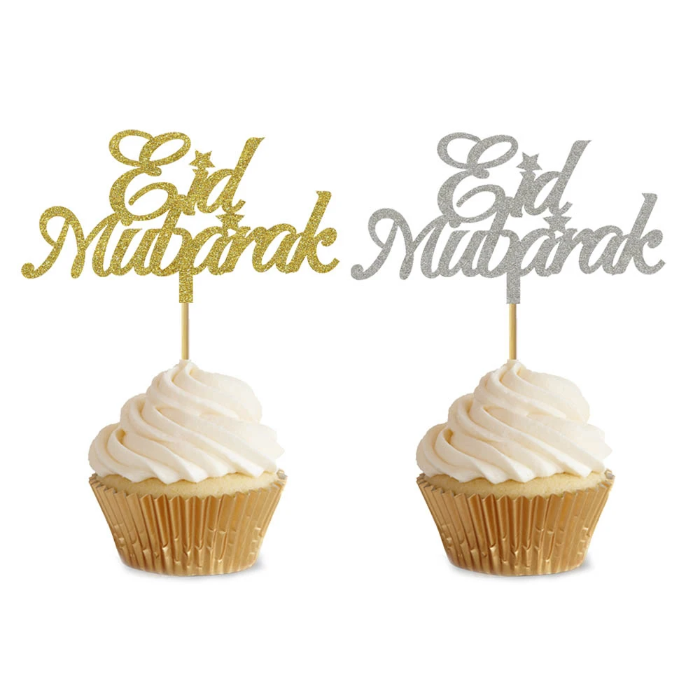 20 Pezzi 3x5 Pollici Glitter Oro Glitter Argento Eid Mubarak Cupcake Topper Per Eid Party Decorazione Cupcake