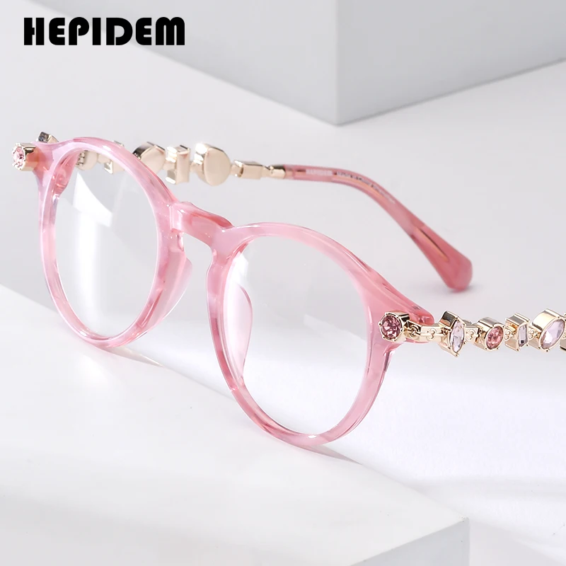 FONEX HEPIDEM Acetate Metal Diamonds Eyeglasses Frame Women 2026 New Round Brand Design Glasses Fashion Eyewear Spectacles 9408
