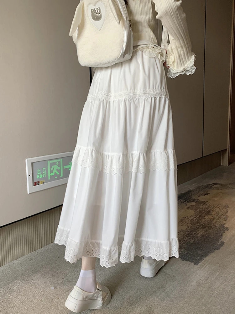 White Long Skirt Women Crochet Lace Skirt 2024 Goth Sweet Spring Summer High Waisted Ruched Ruffle A-Line Pleated Skirts rok