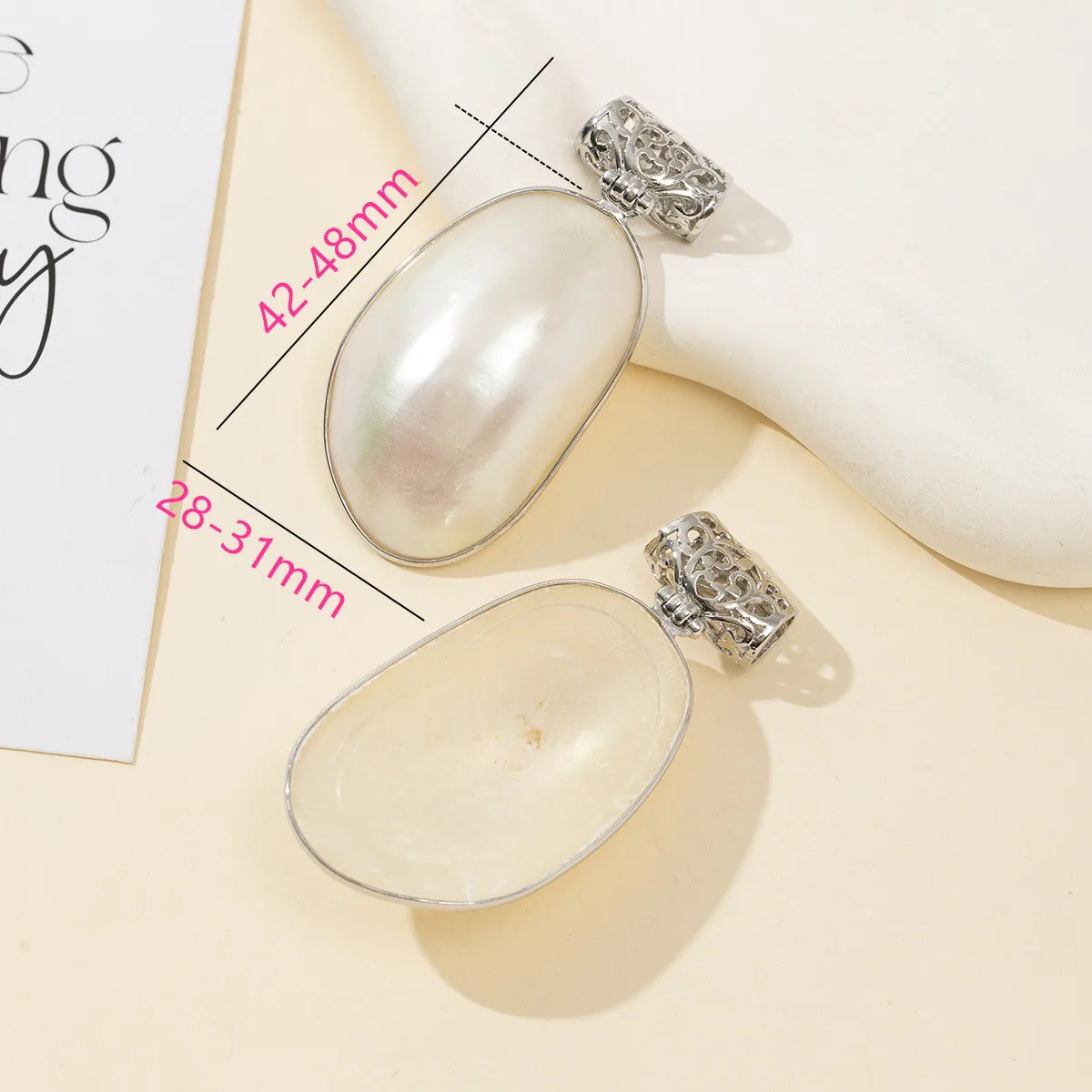 Natural Mother of Pearl Oval Shell Pendant Silver Color Plated Hollow Filigree Bail Shell Charm for DIY Necklace Jewelry Making