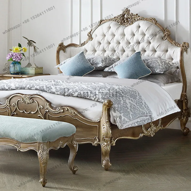 French retro bedroom carved soft bed light luxury gold bed