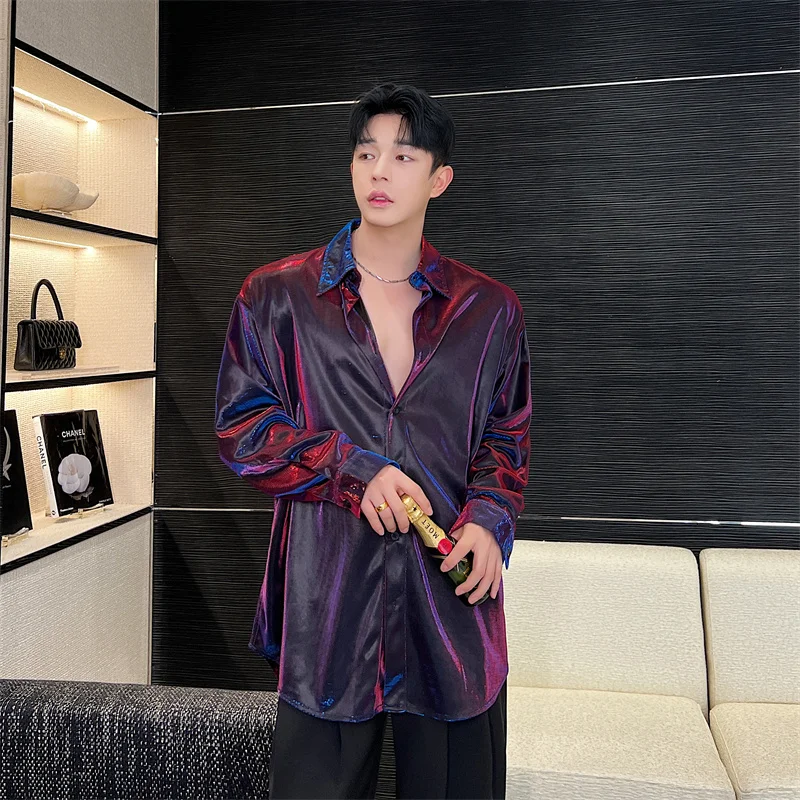 Buling Long Sleeve Metal Shiny Color Shirt Youth Fashion Performance Stage Clothing Unisex Standard Fit Printed No Ironing Re...