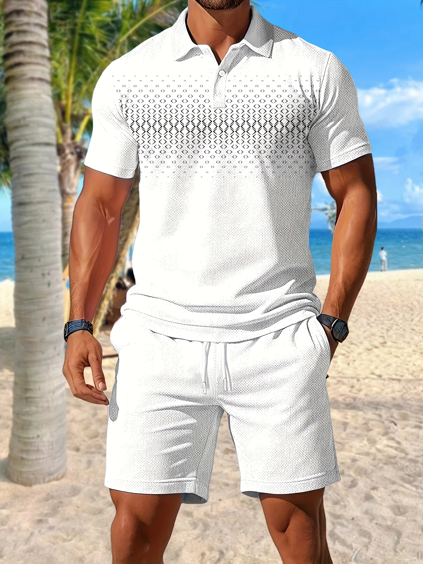 

2026 New Men's Summer Casual Polo Set Quick-Dry Breathable Geometric Print Vacation Style Soft Mesh Fabric for Beach And Outdoor