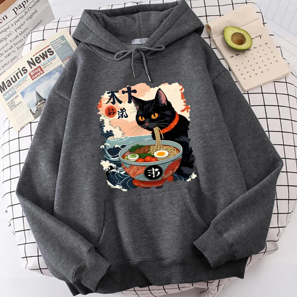 Kawaii Cat Anime Ramen Japanese Funny Graphic Hoodies Kawaii Noodle Cat Man Long Sleeve Wearing For Fall Winter Casual Wearing