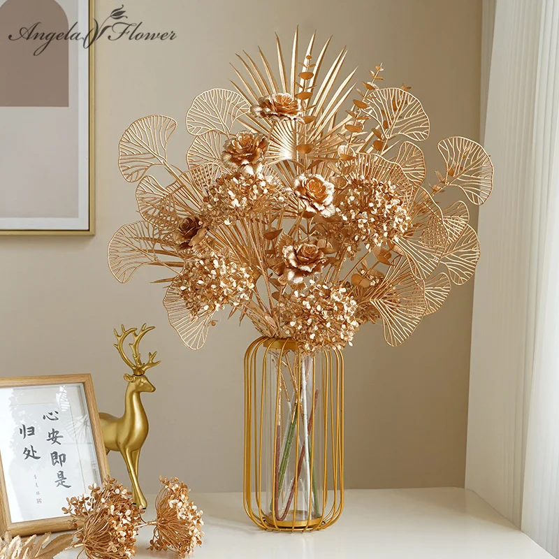 Golden Series Palm Ginkgo Eucalyptus Leaf Artificial Rose Hydrangea Wedding Flower Arrangement Accessories Home Christmas Decor