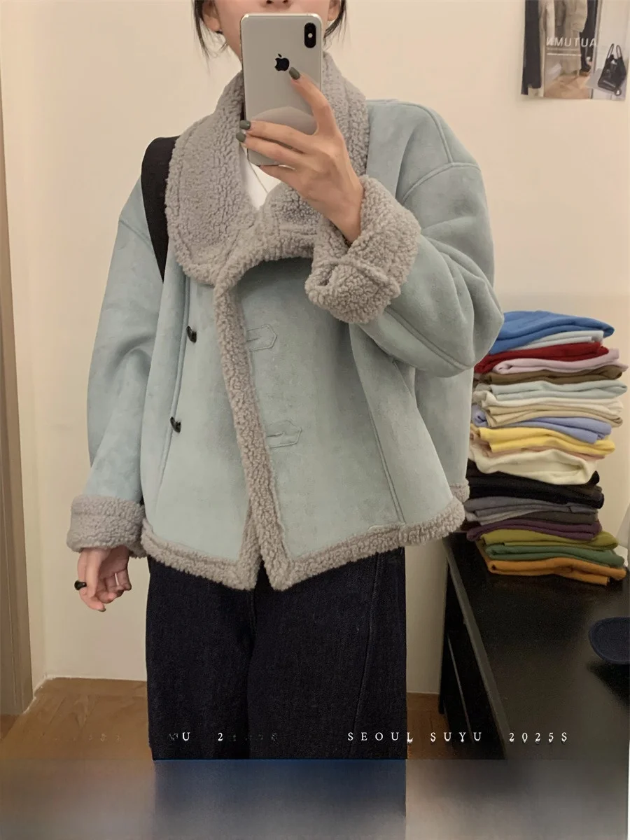 

Korean Sle V-Ne Fur And Leather Inteated Outerwear Women's Faionable Versatile Loose Slimming Top Spring New Arrival