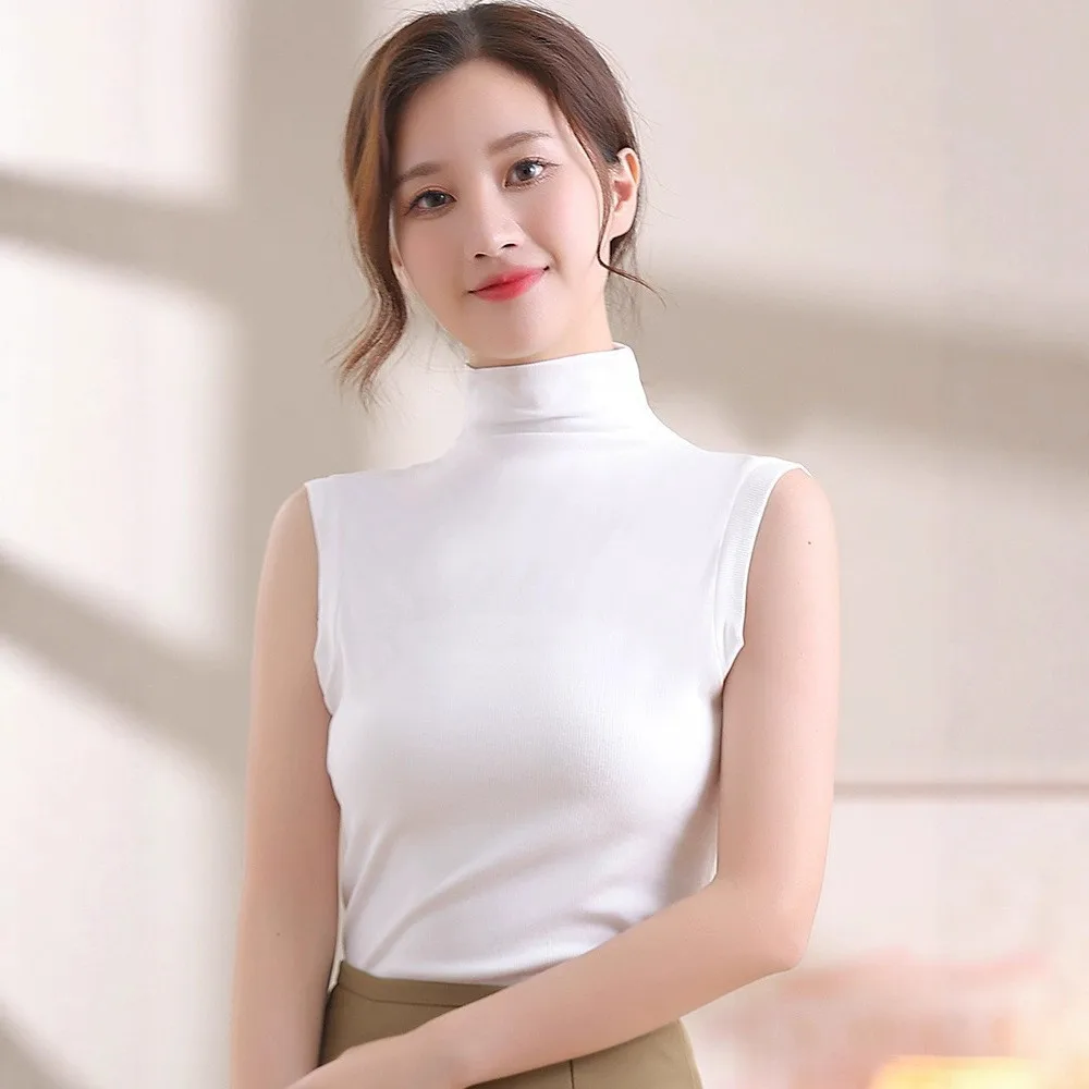 Black Sleeveless Knitted Vest Thin High Collar Half Length Tight Fit Short Style Spring Autumn Winter Base Shirt for Women