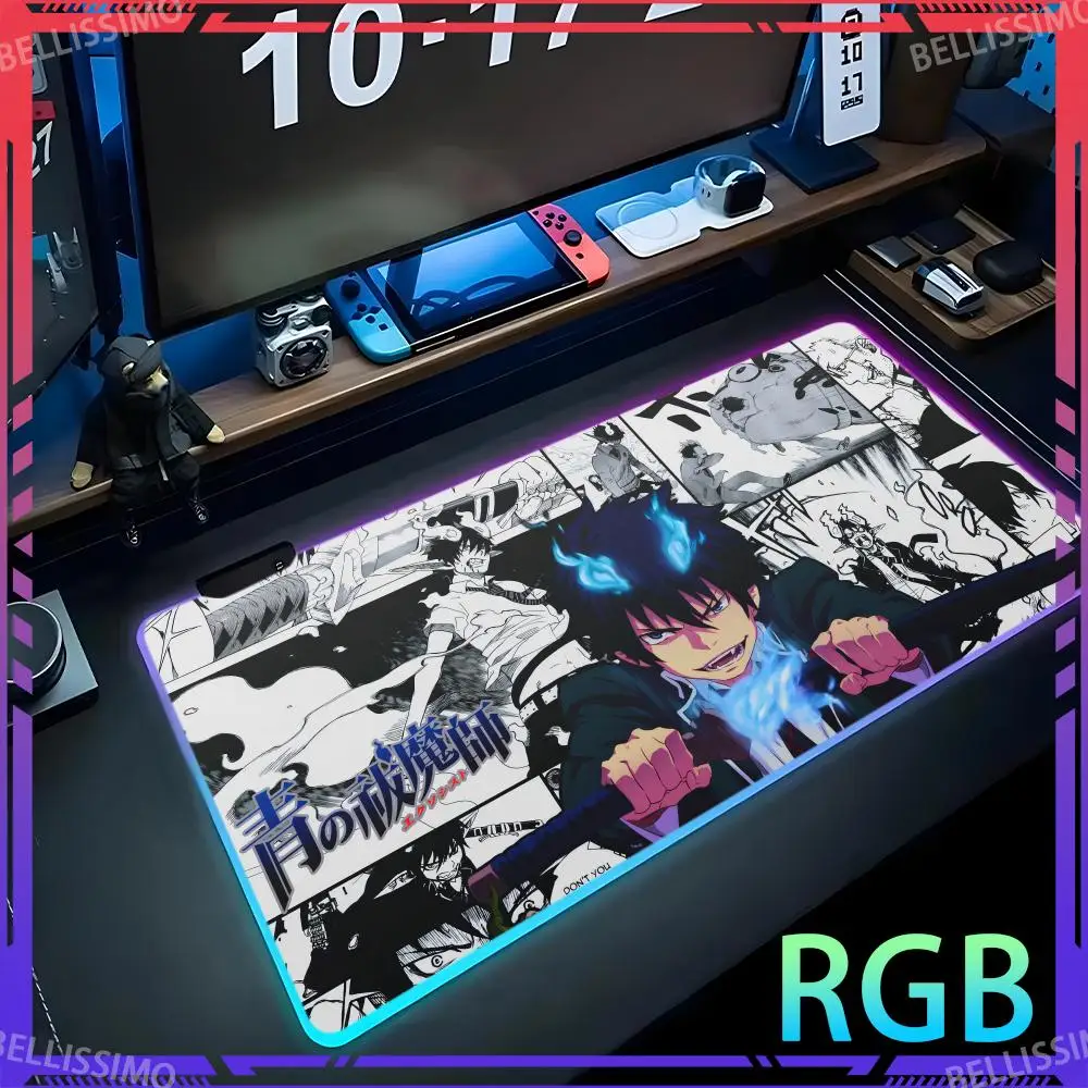 RGB B_Blue Exorcist Anime Rubber Office Accessories Gaming Computer Cabinet Game Keyboard Pad Cute Desk Mat Luminous Mouse Pad