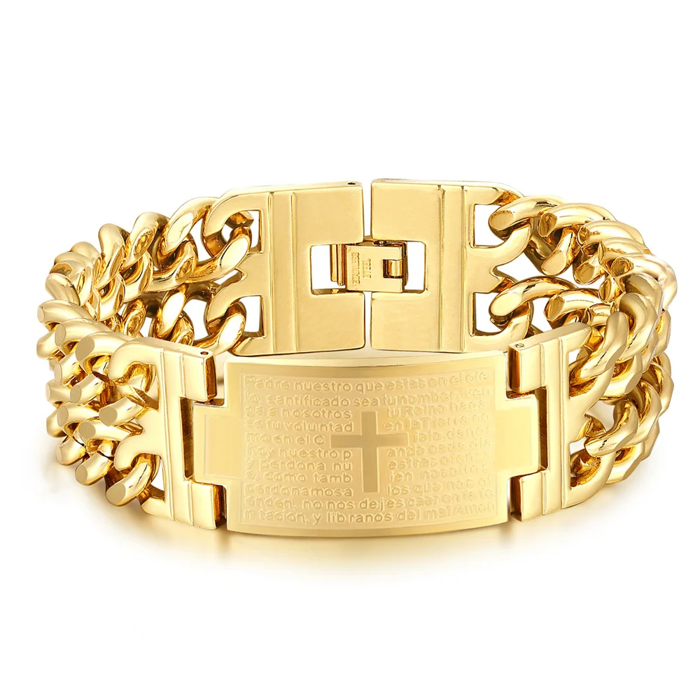 Punk Bible Jesus Cross Charm Bracelet 18mm Male Gold Color Stainless Steel Cuban Hand Chains For Men Fashion Party Jewelry Gift