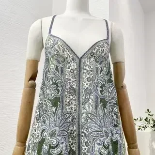 2024 Summer New High Quality Linen Dark Green Paisley Print Sleeveless Cross Straps Backless Women Mini Dress for Holiday