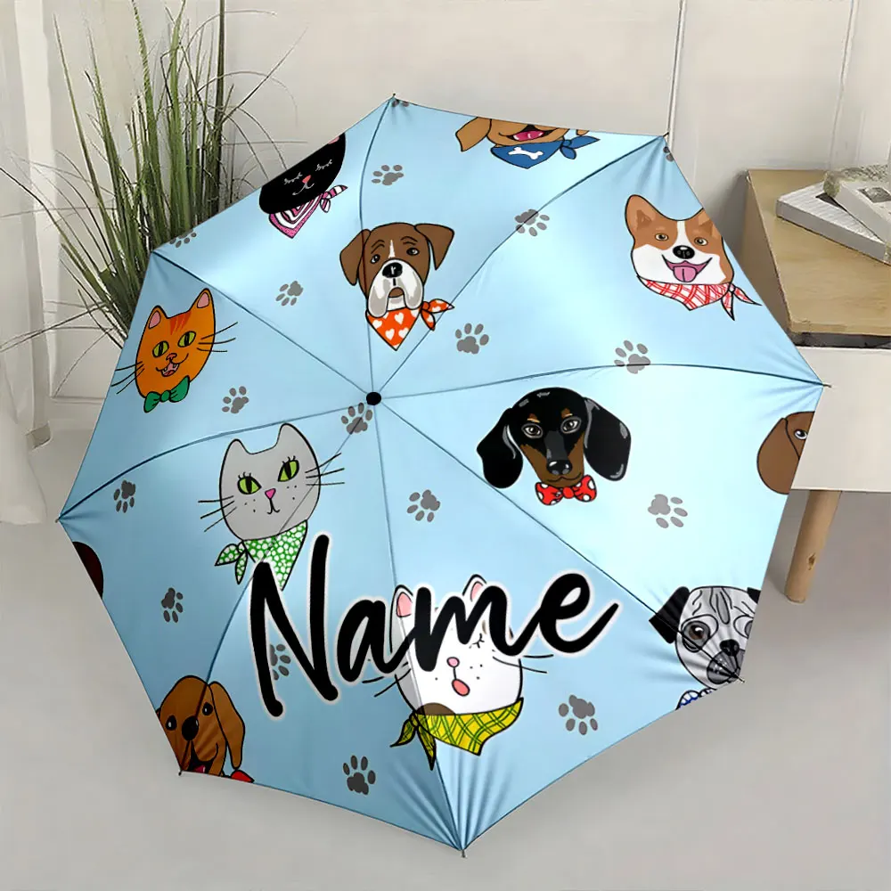 Custom Name Pet-Themed Umbrella with Paw Prints 8 Iron Ribs Folding Umbrella Auto-Open Fashionable Sunshade Deluxe Gift