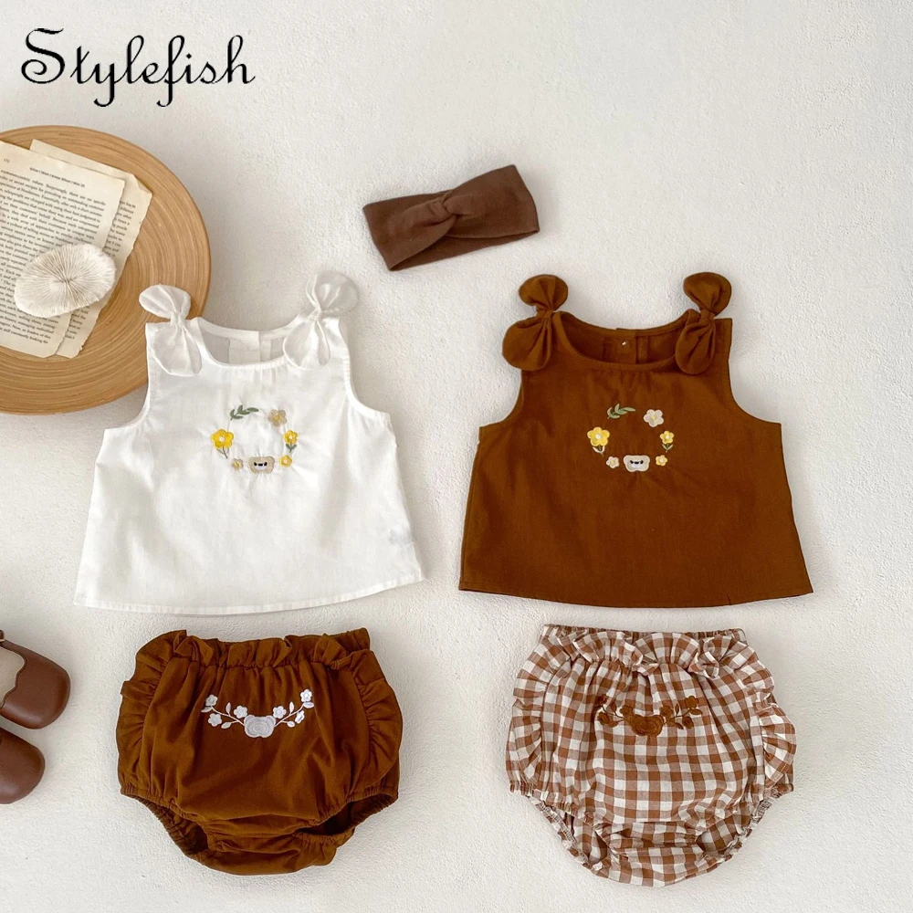 Summer New 0-3 Year Old Baby Clothing Cute and Fashionable Girl Set with Versatile Bow Embroidered Tank Top and Butt Shorts