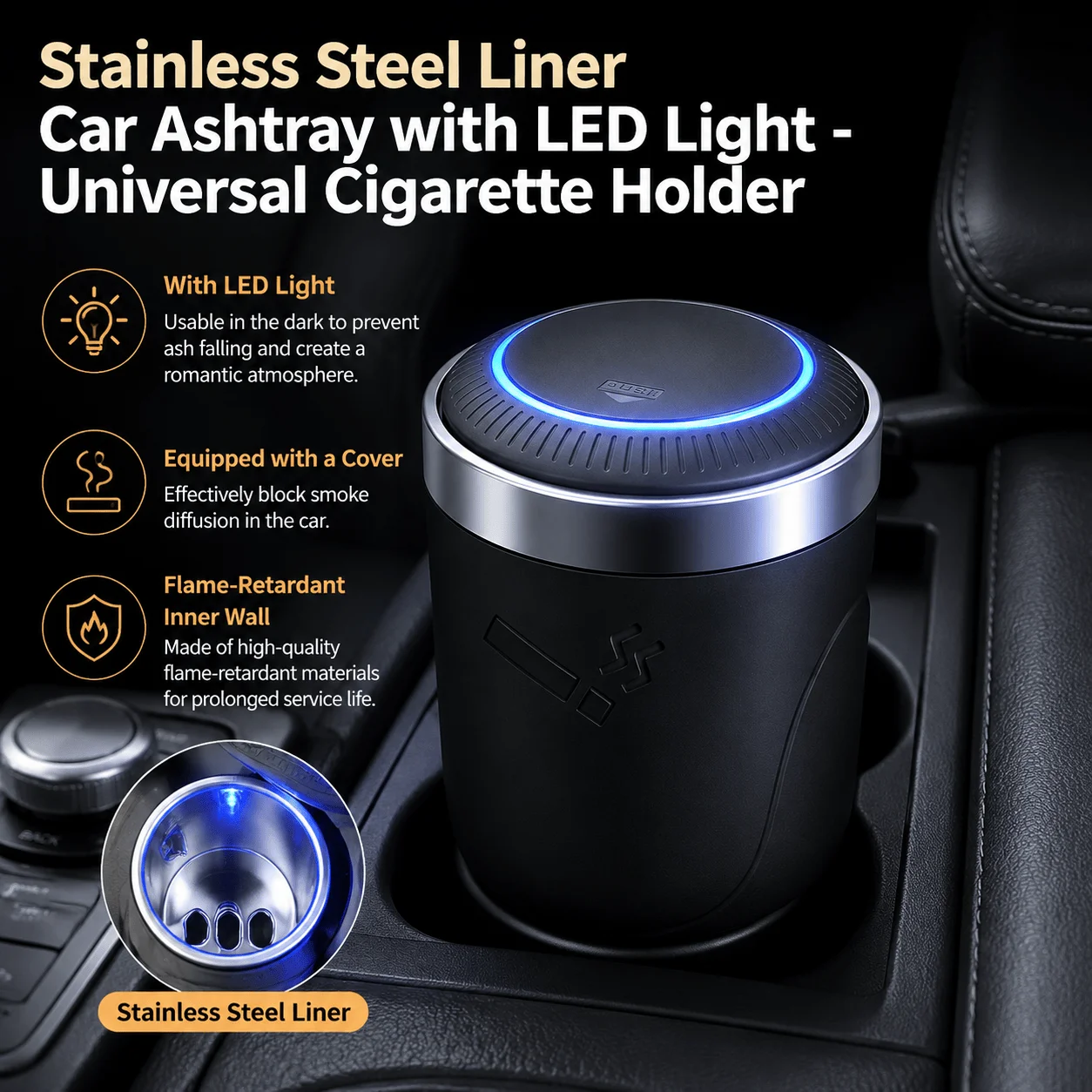 Creative LED Light Car Ashtray with Stainless Steel Liner Smokeless Cup Holder Ash Tray Cylinder for Car Interior Decoration and Auto Interior Accessories High Demand Vehicle Cigarette Ash Tray Holder for Car Console