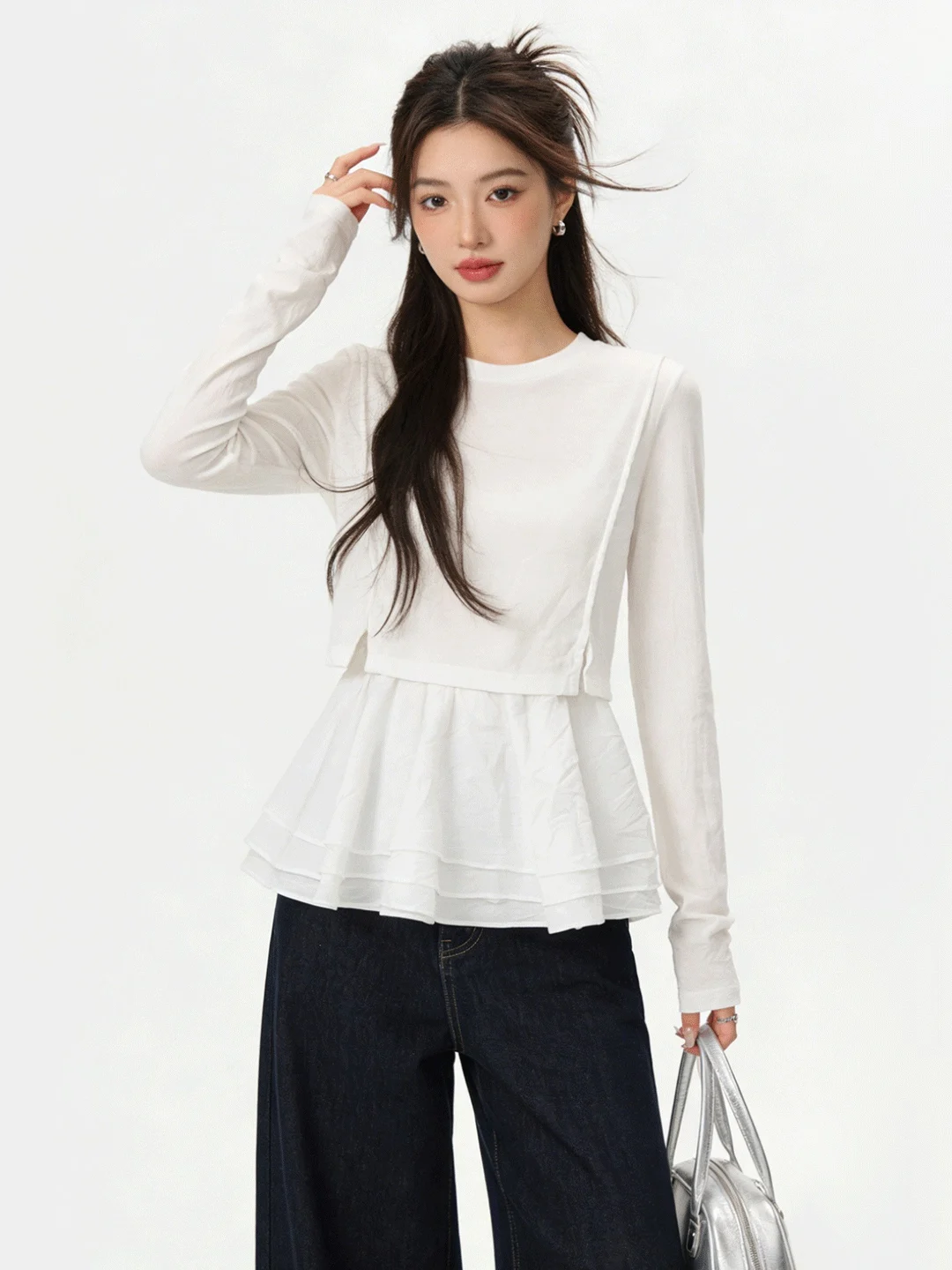 

Anti-Aging White Long Sve ort Knitted T-irt Early Spring New Sle Layering Set Korean Splice Strap Vest Anti-Aging