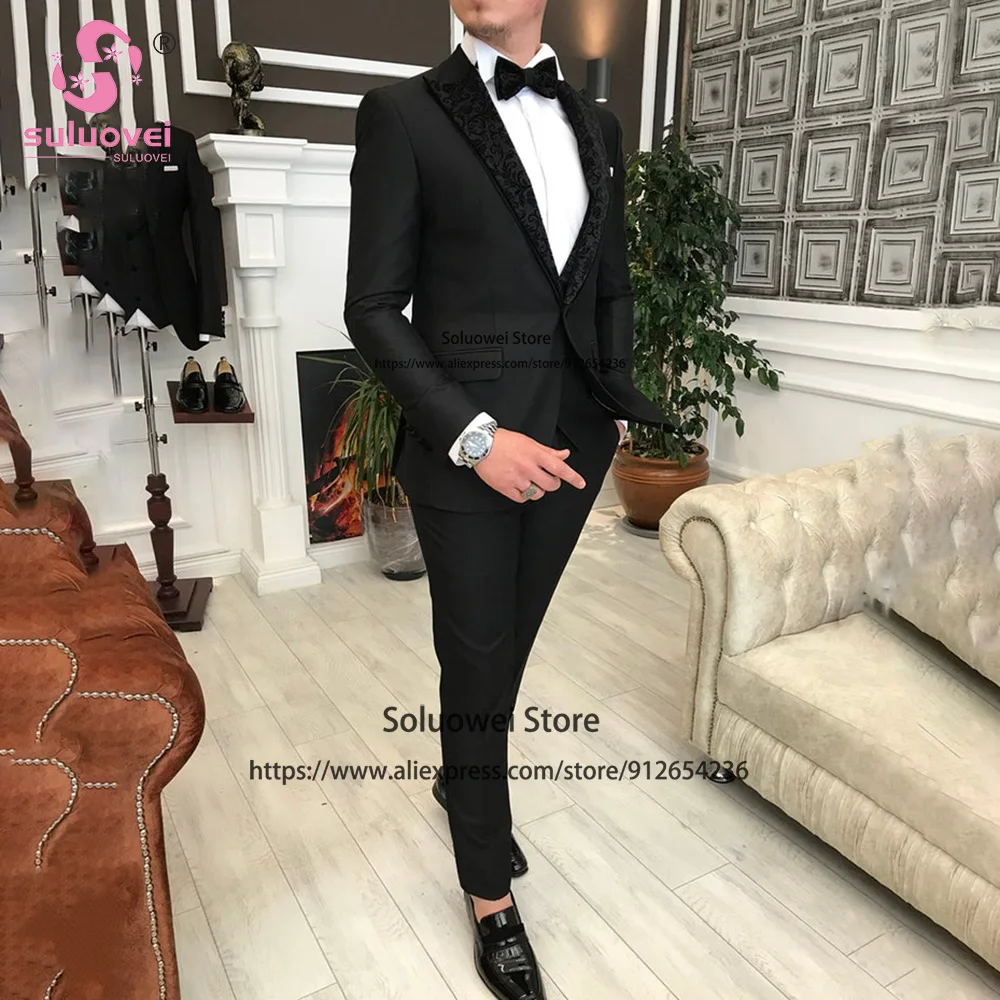 Fashion Jacquard Tuxedos Slim Fit 3 Piece Jacket Vest Pants Set Business Blazer Formal Groom Wedding Peaked Laple Suits For Men