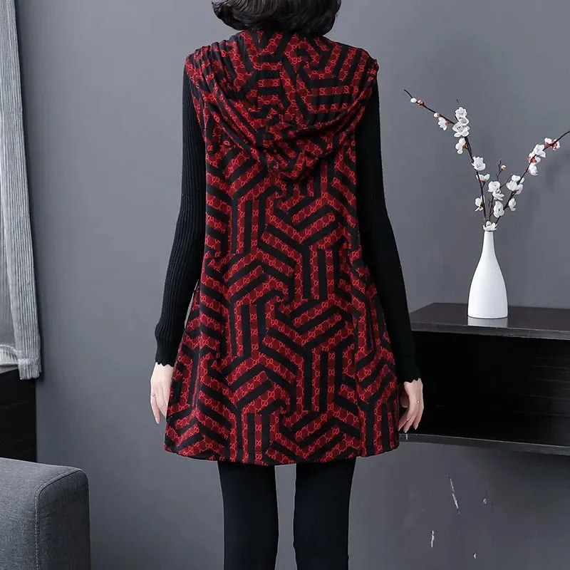 Luźna kamizelka damska plus size, odzież wierzchnia na wiosnę i jesień, długa, z kapturem, zapinana na zamek, w kratę, do pracy, stylizowana na kurtkę.