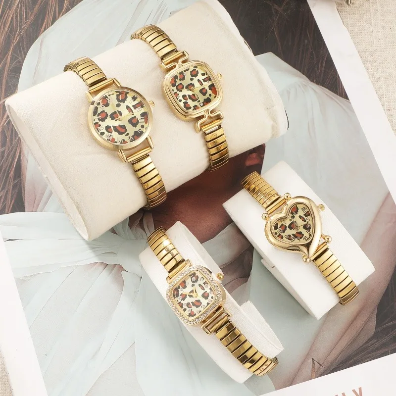 Fashion Women's Stainless Steel Simple Leopard Watch Elasticity Bracelet for Student Friend Wife Birthday DIY Jewelry Gifts Bulk