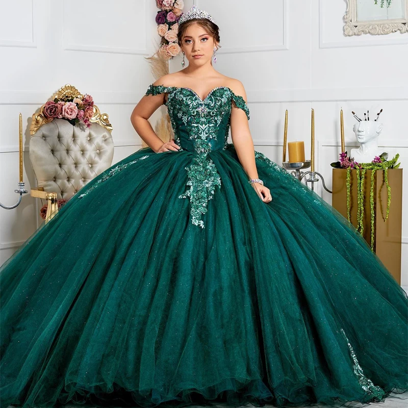 

ANGELSBRIDEP Emerald Green Quinceanera Dresses Off Shoulder Applique Lace Beading Ball Gown Birthday Party Prom Graduation Gowns