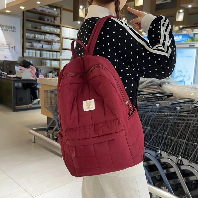 Soft Quilted Nylon Backpack Lightweight Grid‑padded Student School Bag Large Capacity Casual Women Daily Outdoor Travel Rucksack