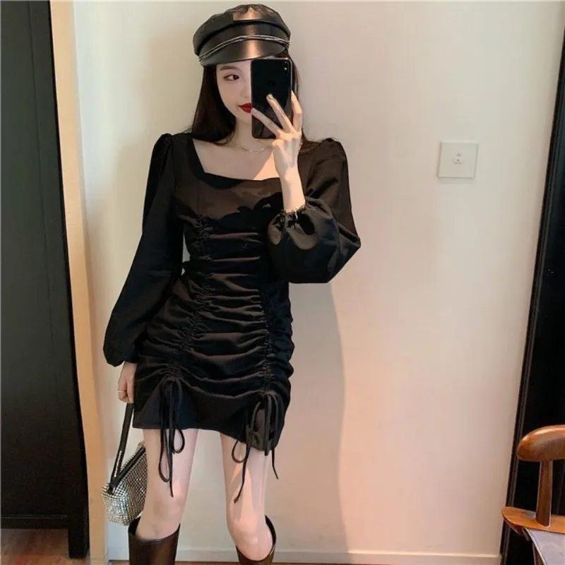 Black Bodycon Korean Style Puff Sleeves Women's Long Sleeve Dresses Plain Hot Sensual Sexy Elastic One-piece Y2k Female Dress