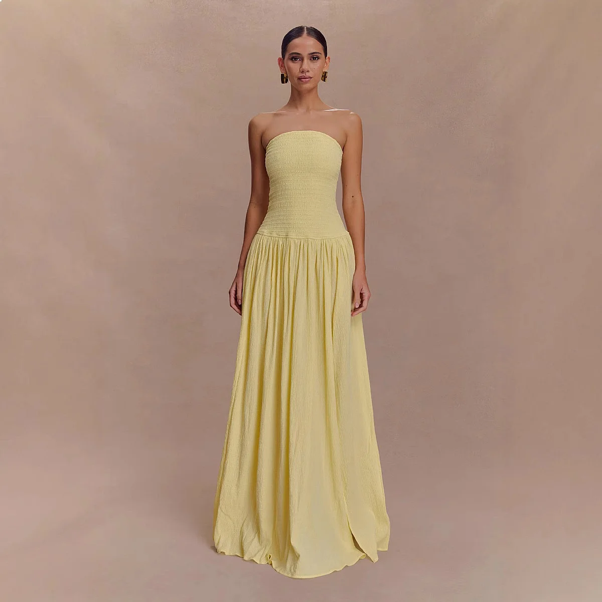 Women's Solid Sleeveless Backless Bodycon Ruched Tube Top Long Dress Summer Spring Dresses
