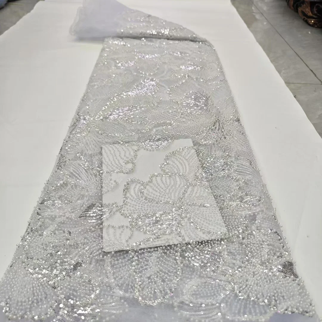 

Роскошная белая африканская кружевная ткань с вышивкой бисером и блестками, 2022, французская кружевная ткань с тяжелыми бусинами для женщин, праздничное платье PHD25163