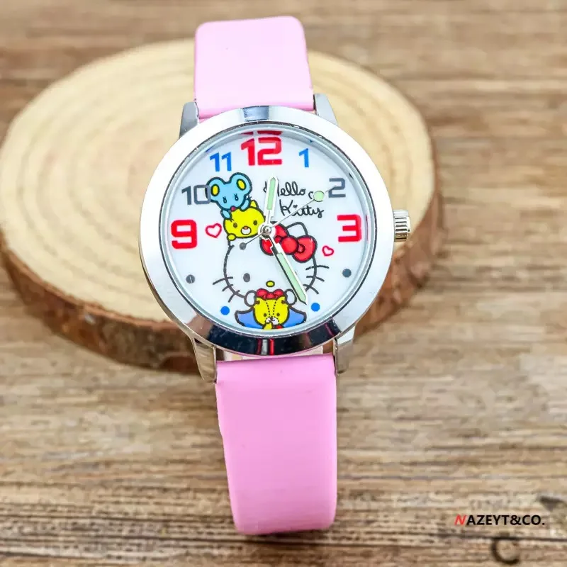 Hello Kitty Cartoon Children's Watch Leather Strap Boys and Girls Quartz Watch Student Clock Women's Watch Holiday Gift