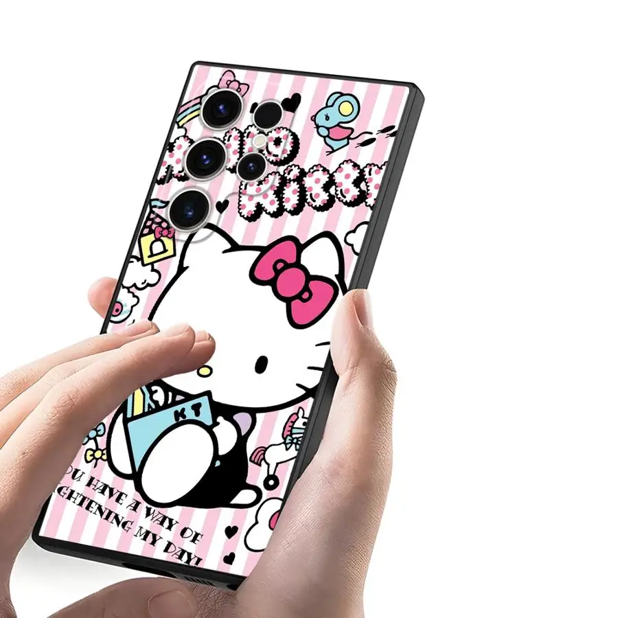 حافظة سانريو هالو كيتي اللطيفة لهاتف سامسونج جالاكسي S25 Edge S23 Ultra S20 S24 Plus S21 FE غطاء هاتف ناعم أسود
