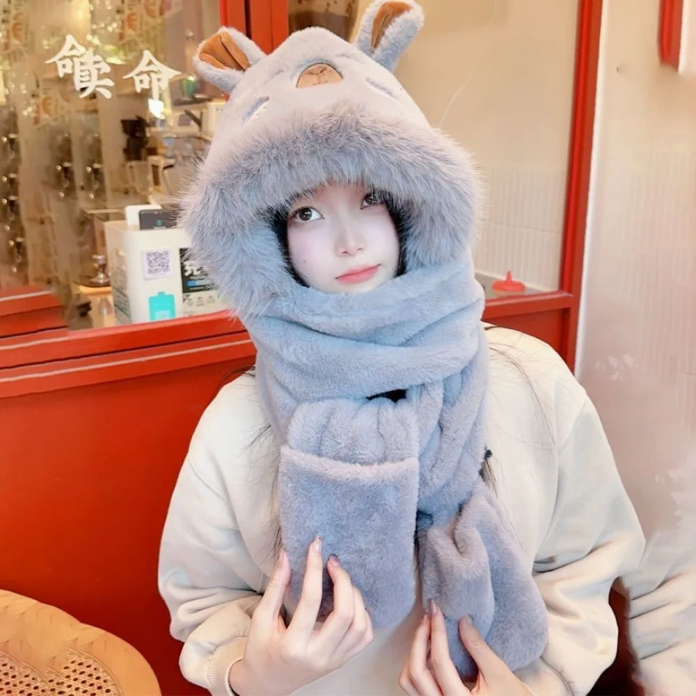 Fashion Faux Rabbit Hair Capybara Hat Scarf Gloves Set Korean Style Soft 3 In 1 Hat Cartoon Ear Plush Hooded Scarf Gifts