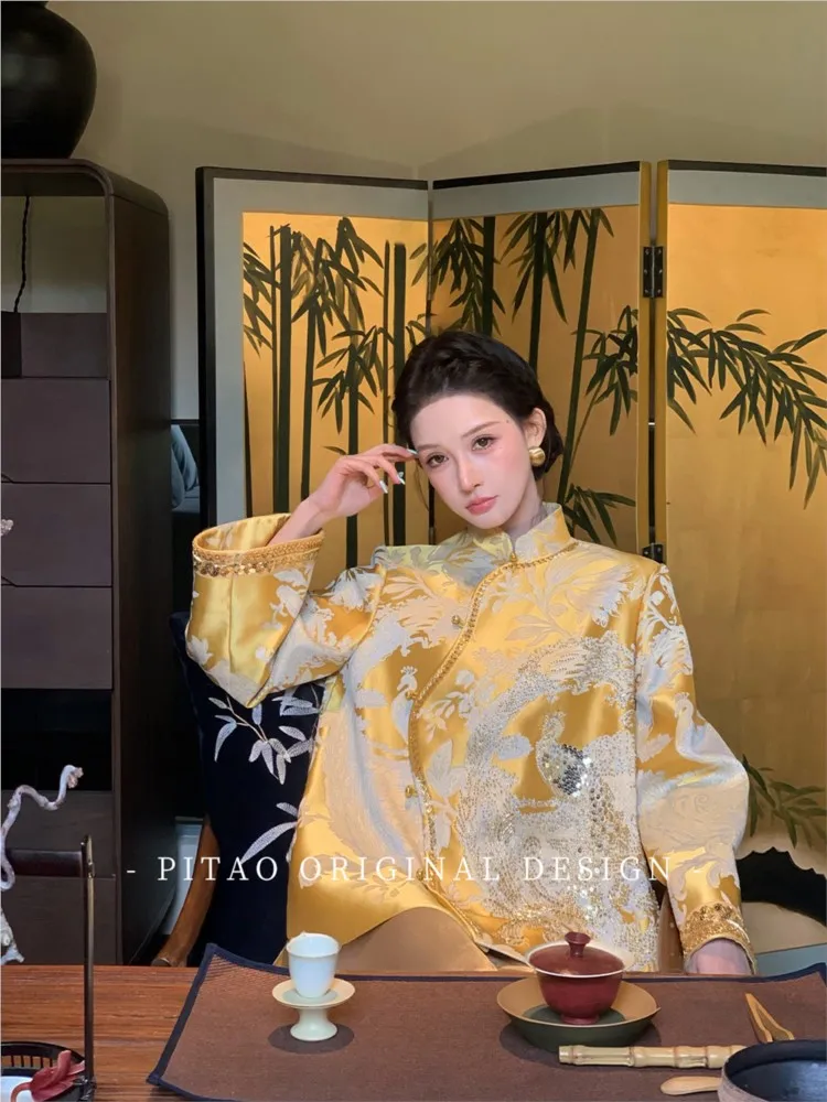 New Chinese-style traditional Chinese style dark-patterned satin beaded embroidery coat and skirt set