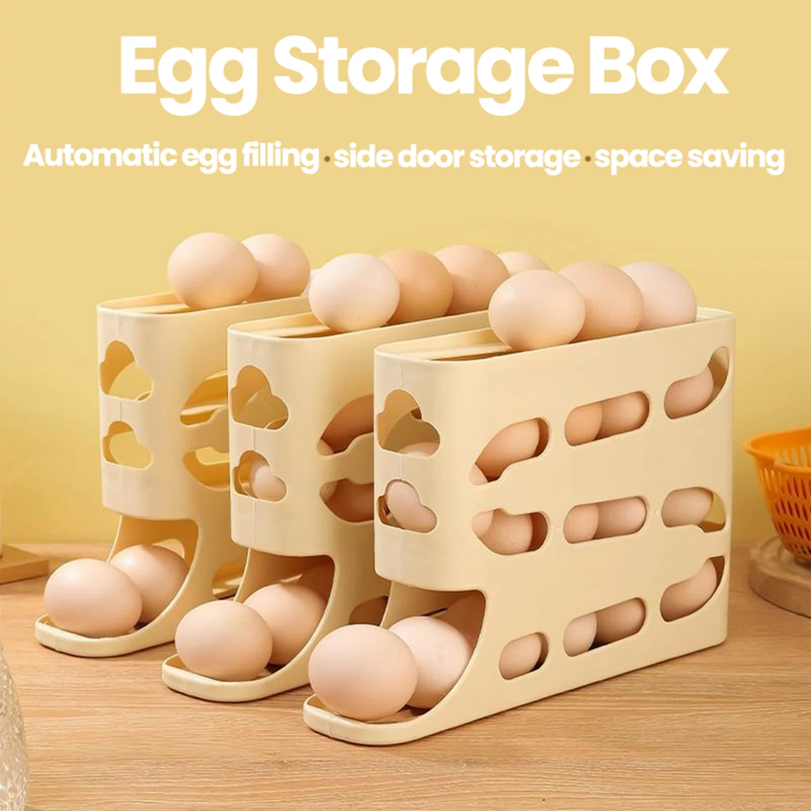 4-Layer Egg Storage Box Refrigerator Side Door Storage Box Food Grade Egg Rack Holder Automatic Rolling Egg Box