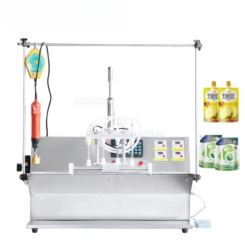 ZS-ASP4 semiautomático 4 cabezales bomba de engranajes bolsas con boquilla jugo líquido suero Facial bebidas energéticas máquina taponadora de llenado