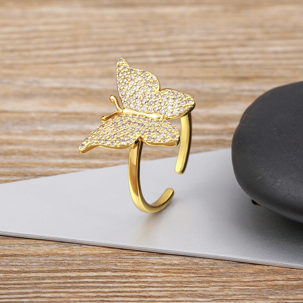 Nidin Fashion Design Opening High-Grade Copper Inlaid Zircon Lucky Butterfly Adjustable Ring Luxury Shiny Cocktail Party Jewelry