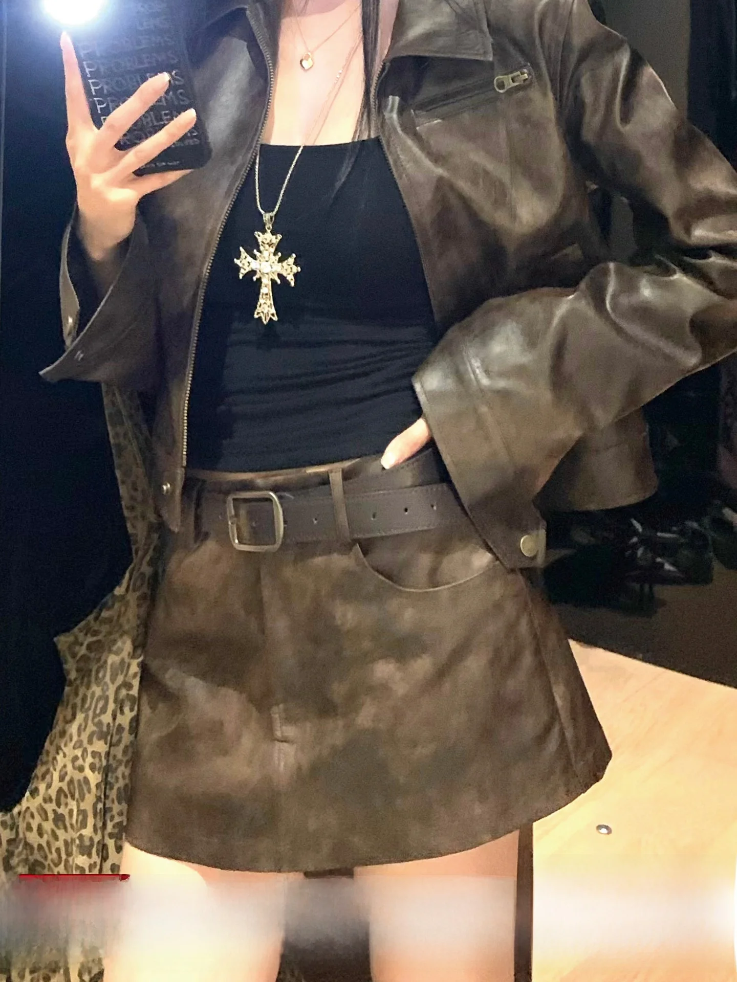 

American Retro A-Line Leather Skirt Women's Slimming High-Quali Feel Mil Memory Vintage Sle Casual Polyester Fiber