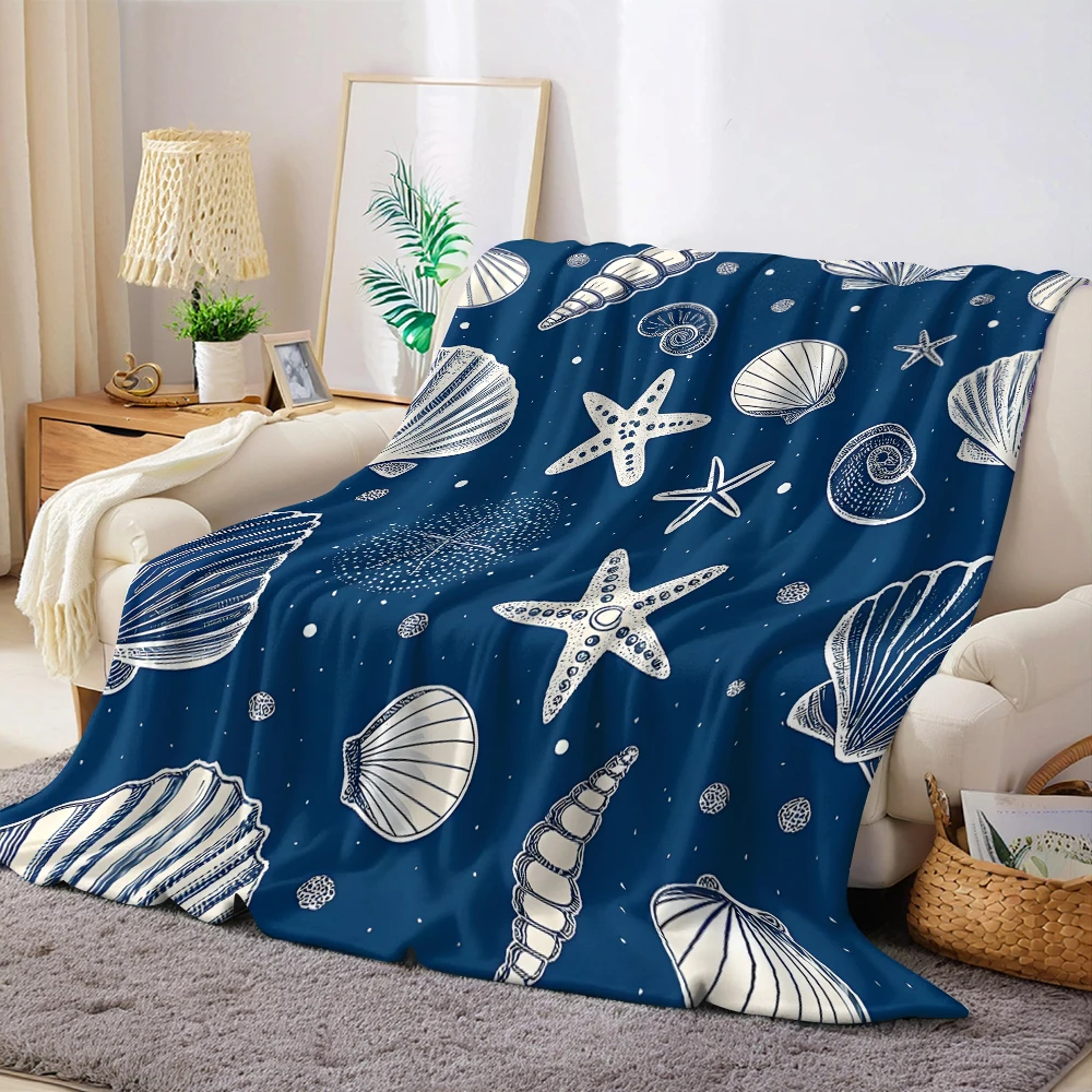 Navy Seashell Flannel Blanket Warm Soft Halloween Christmas Couch Warm Cozy Decorative Decor Gift for All Season