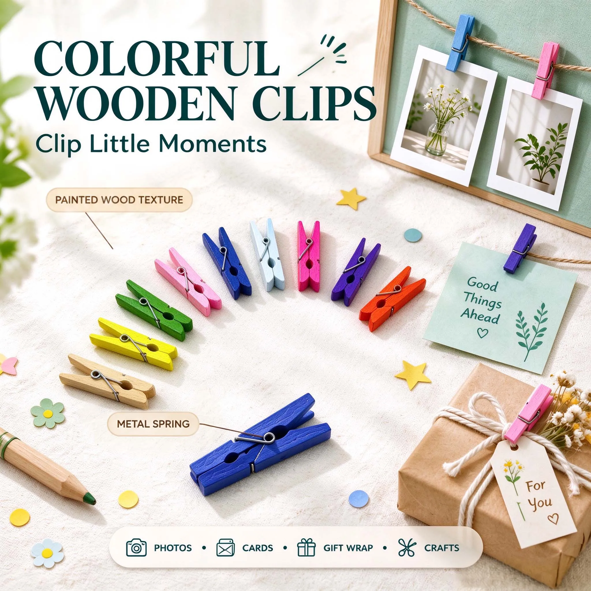 Multicolor Wooden Clothespins Small Wood Photo Pegs, Decorative Paper Clips for DIY Craft, Photo Wall, Wedding & Home Ornament
