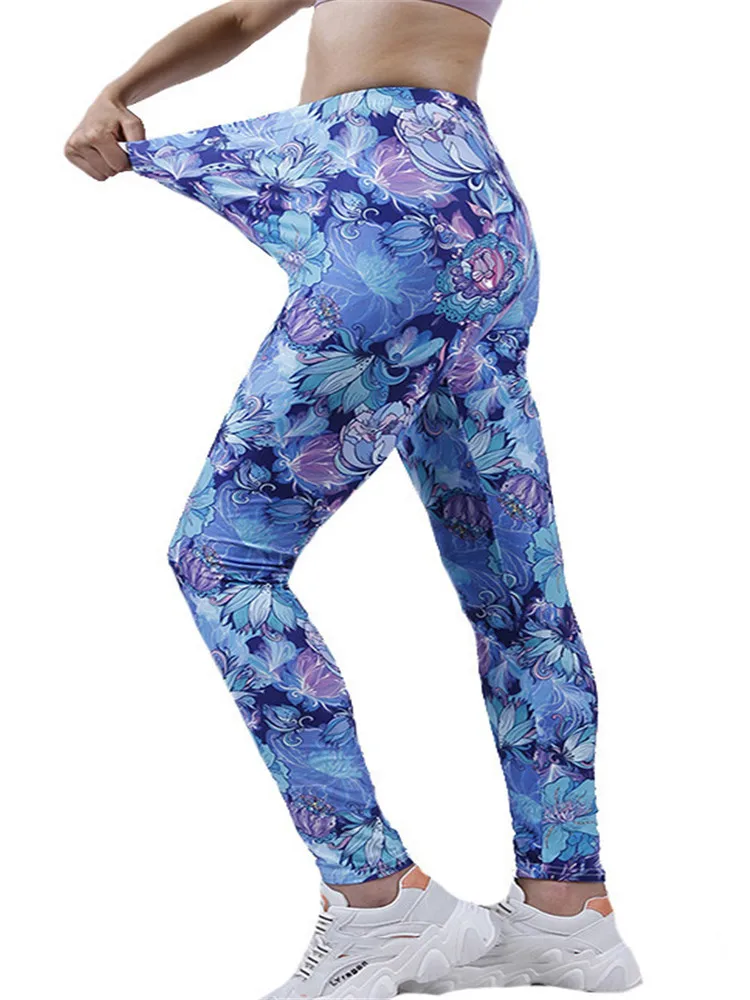 VISNXGI – Leggings à fleurs bleu pour femmes, taille haute, Push-Up, sport, décontracté, longueur cheville, couleur unie, tricoté