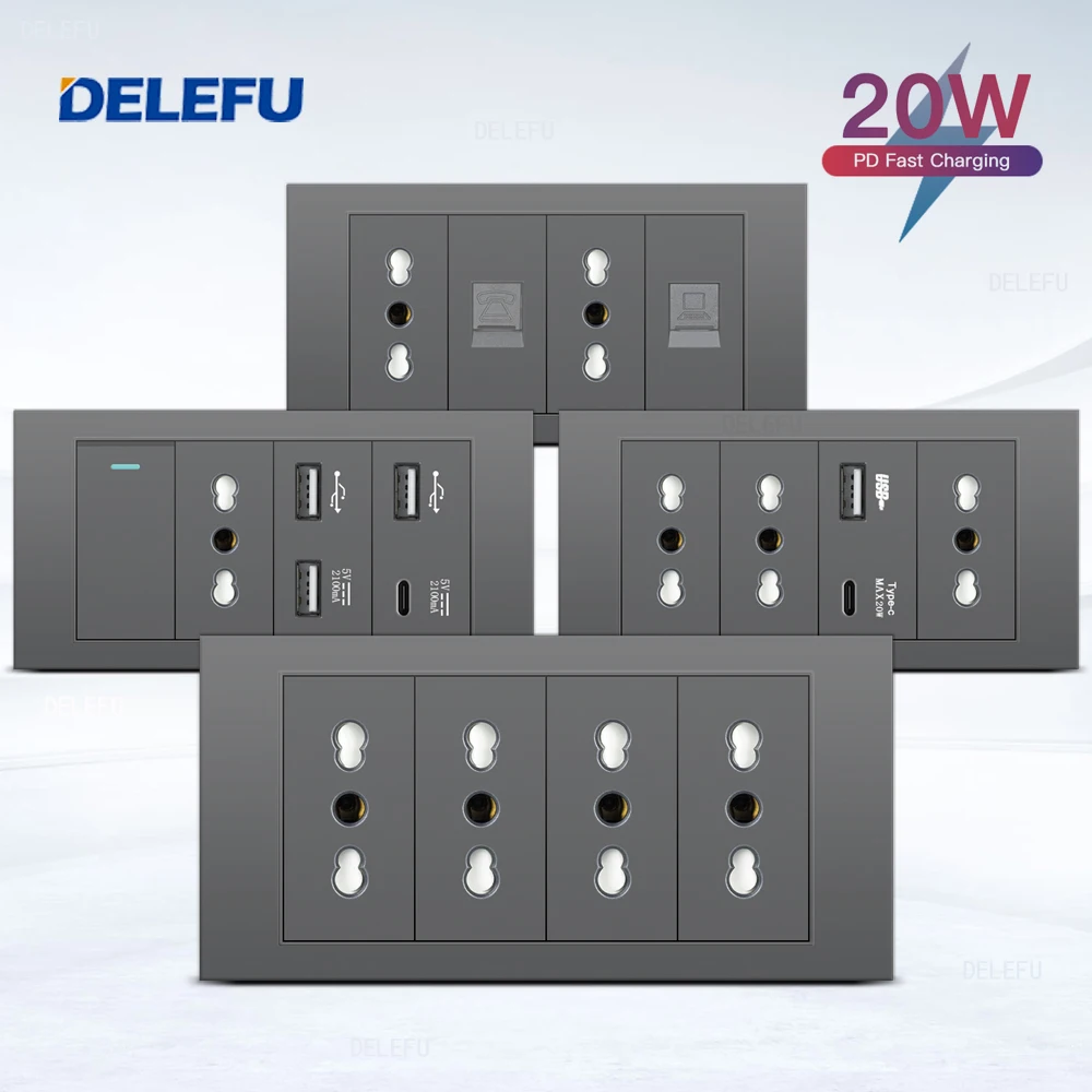 

DELEFU Огнестойкая панель SC31 145 мм Серая итальянская стандартная USB-розетка типа C для быстрой зарядки, настенная розетка, переключатель ТВ-телефона CAT5 CAT6