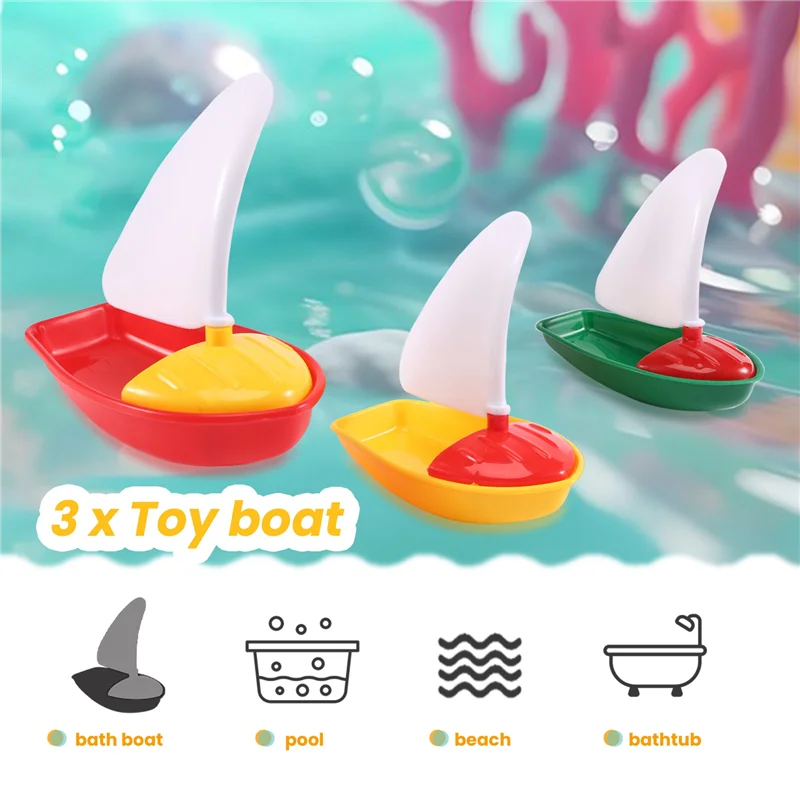 A63T-3Pcs Bath Boat Plastic Sailboats Bathtub Sailing Boat For Kids (Multicolor Small+Middle+Large Size)