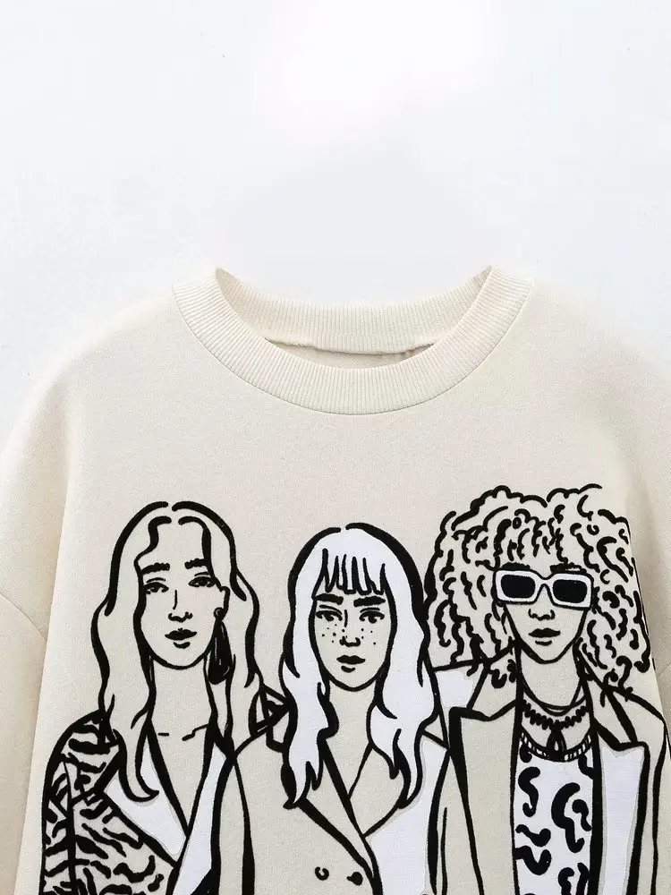 Faionable Long Sve rond Ne imprimé Sweat pour filles automne hiver nouveauté polyvalent confortable mélange de coton