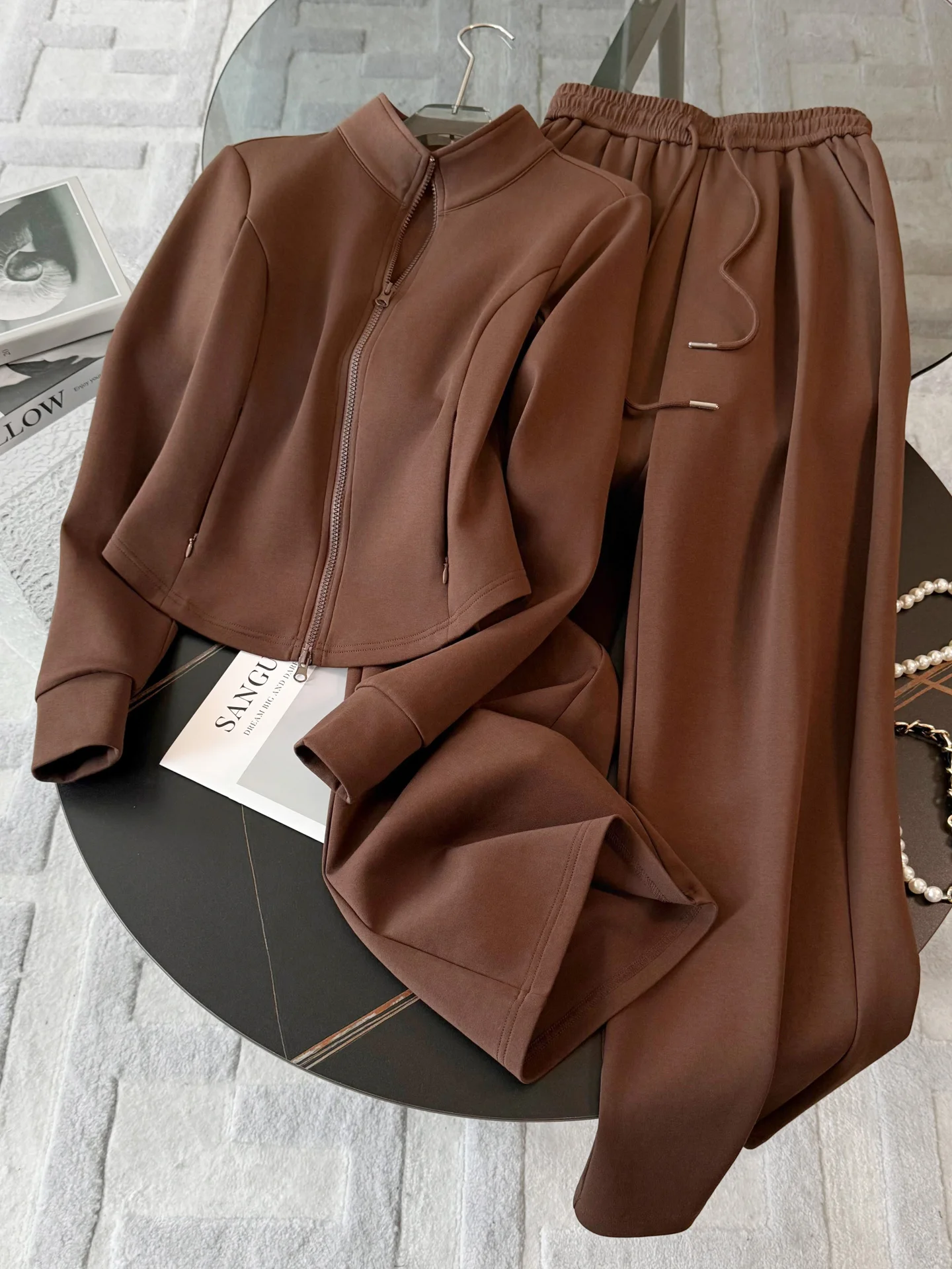 

Retro Hong Kong Style Casual Set Women's Long Sleeve Open Cardigan High Waist Wide Leg Pants Slimming Two Piece Set