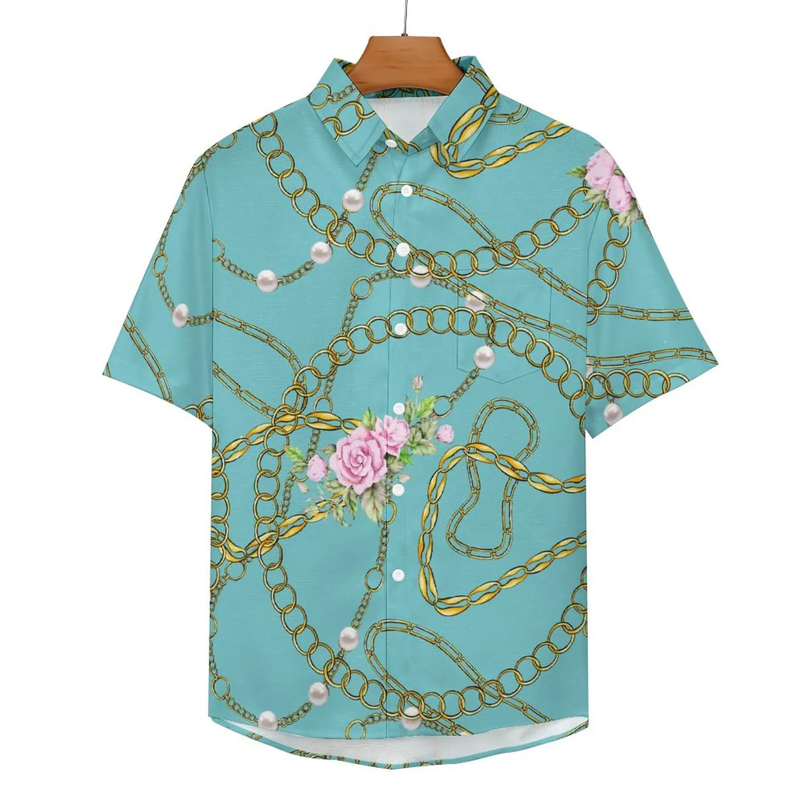 

Golden Chains Loose Shirt Man Vacation Pink Floral Print Casual Shirts Hawaiian Graphic Short Sleeves Fashion Oversized Blouses