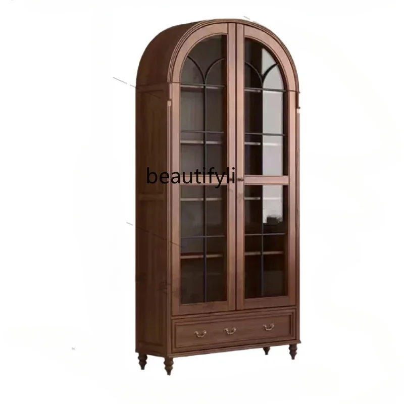 American Light Luxury Solid Wood Bookcase Living Room Art with Changhong Glass Door Retro Arched Cabinet