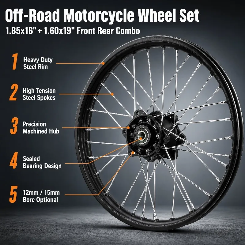 Dirt Bike Spoke Wheel Hub 1.60x19 Front Rim 1.85x16 Rear Rim Steel Wheel Hub With Drum Core For Off-road Motorcycle