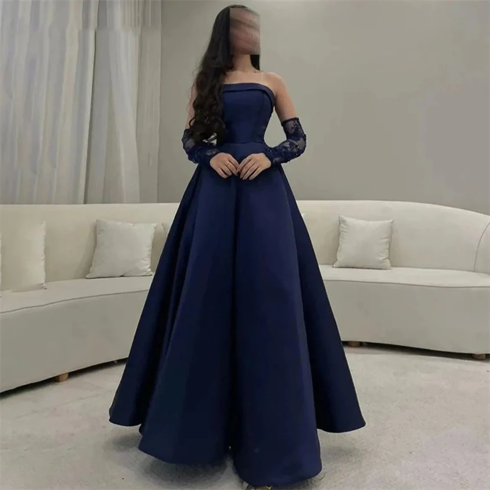 

Customized Yipeisha Navy Blue Fashion Simple Strapless satin Evening Gown Draped A-line Floor Length Formal dress women elegant