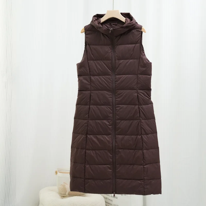 2025 Autumn Winter Women Hooded Down Waistcoat Ultra Light Thin White Duck Down Vest Parkas Female Sleeveless Bigsize Long Tank