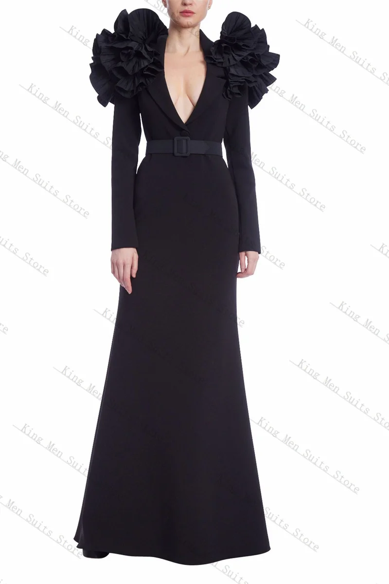 

Black Women Suits 1 Piece Long Blazer Prom Dress Belted 3D Flower Customized Formal Office Lady Jacket Wedding Sexy V Neck Coat