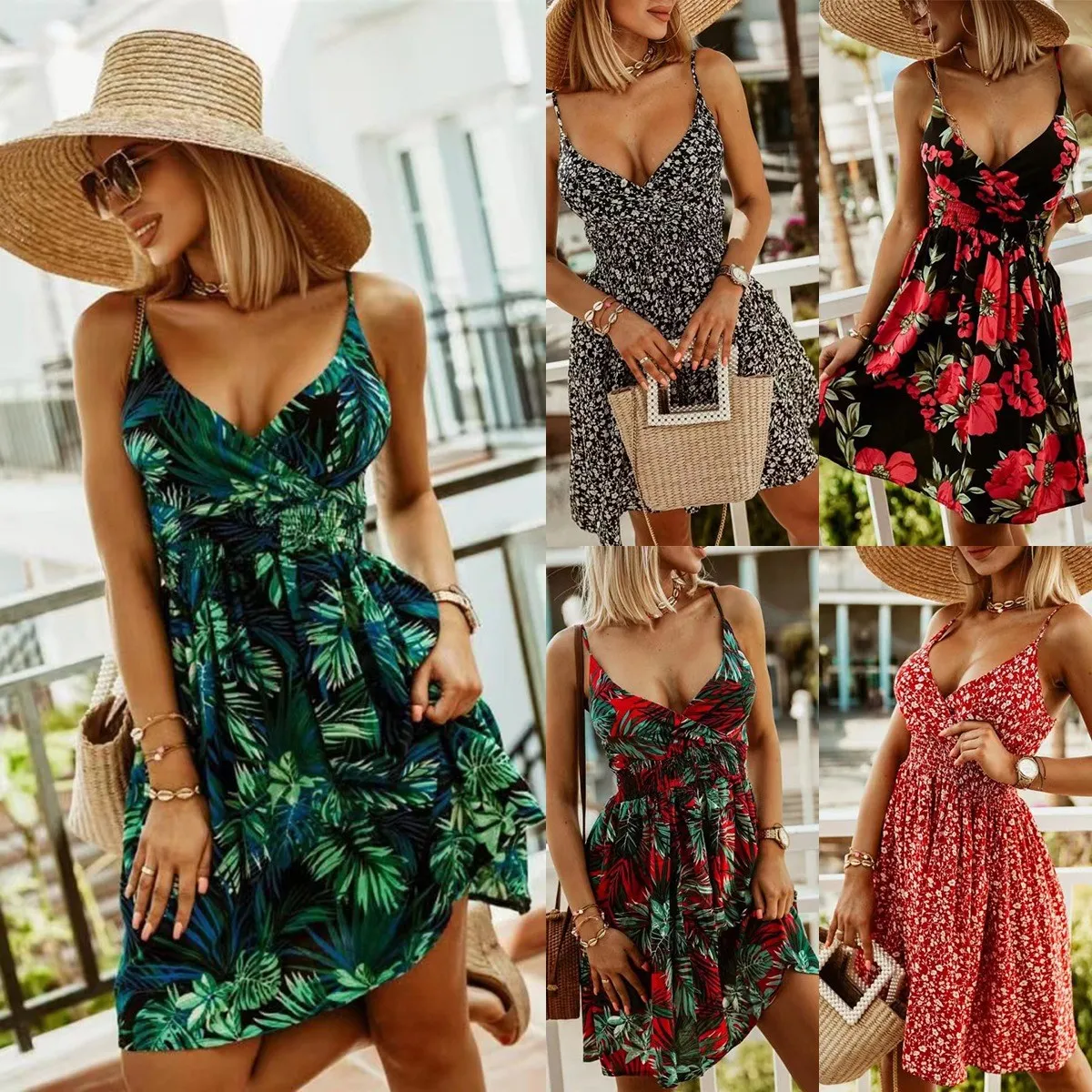 فستان ميدي بتصميم A-line مع طباعة زهور وحزام، ذو خط عنق على شكل V، مناسب لفصل الصيف، بدون أكمام، بتصميم أنيق وملائم للجسم.