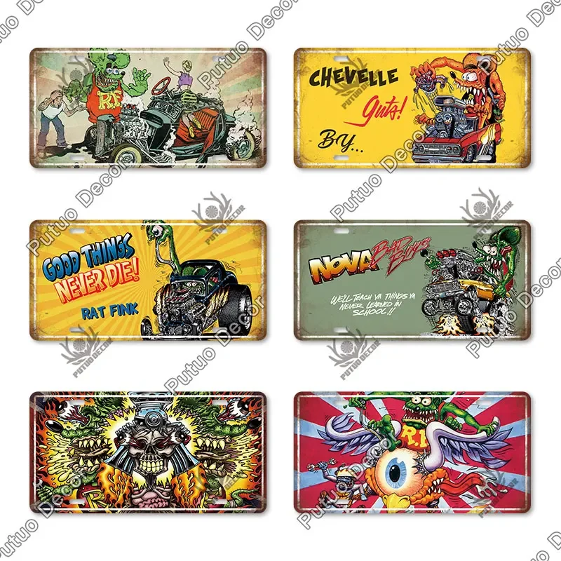 Putuo Decor Rat Fink Motorcycle Metal Sign Licenses Plate Plaque Metal Vintage Decoration for Man Cave Bar Pub Garage Wall Decor